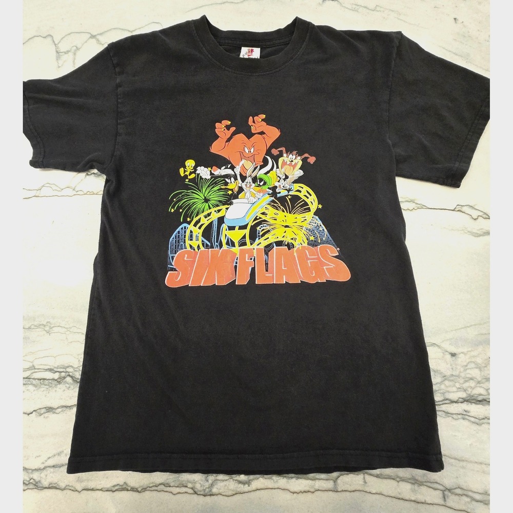 Six Flags‎ 2008 Looney Tunes Roller Coaster Black T-Shirt Size XS